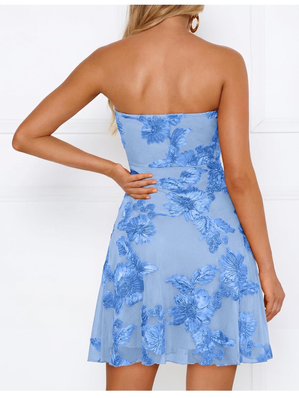 Strapless Light Blue Floral Appliqué Mini Dress - Picture 13 of 15